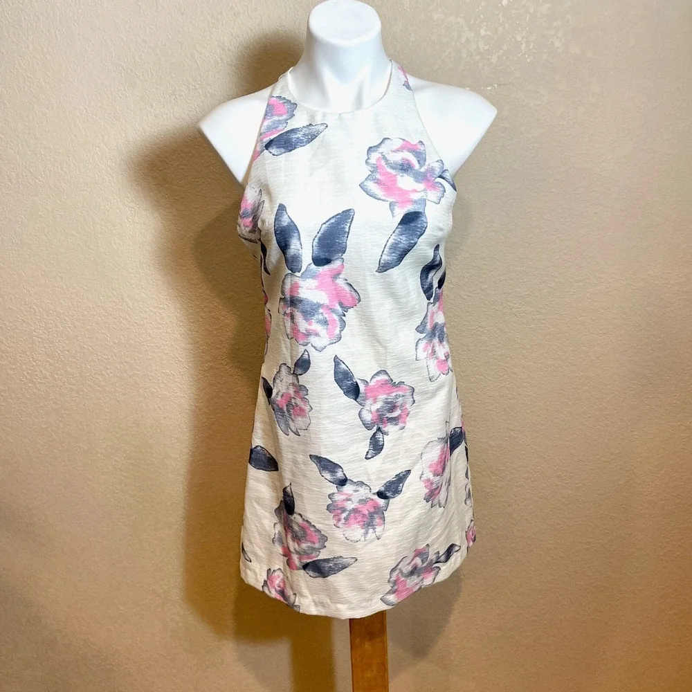 INA Strappy Mini Dress Womens Small White‎ Pink Floral Sleeveless Backless Lined